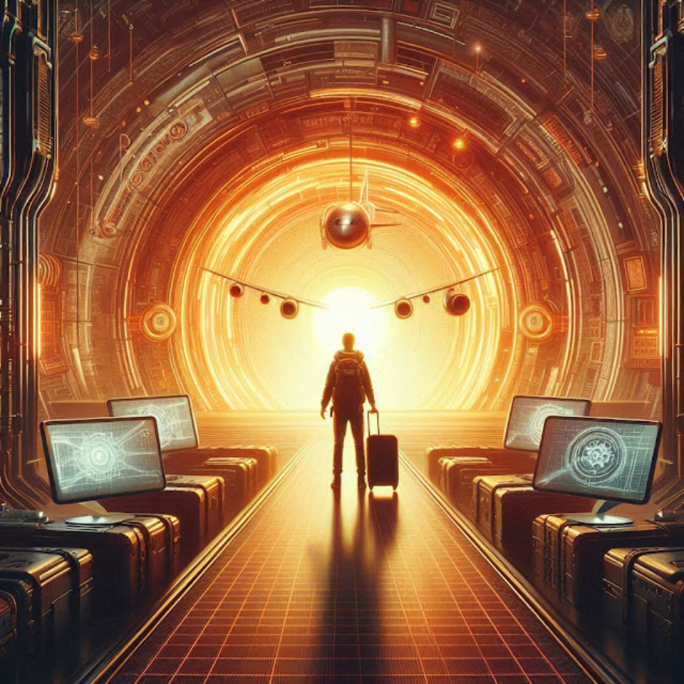 Silhouette of a person with rolling luggage walking through a futuristic, glowing tunnel lined with computer monitors and tech elements, with an airplane silhouette overhead and warm orange light radiating from the vanishing point.